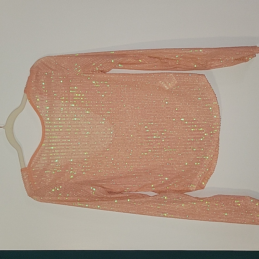 Free People Sequin Blush Peach Long Sleeve Scoop Back Top Medium NWT